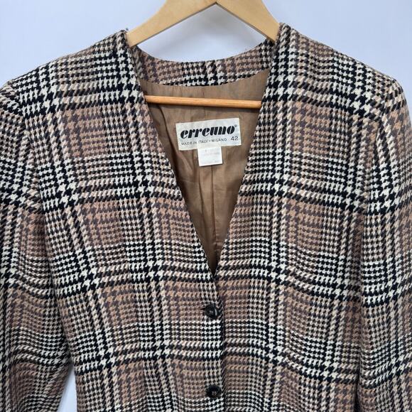 Vintage 80s Erreuno Long Blazer Jacket Womens 42 Brown Plaid Wool Lined Pockets - Picture 2 of 11